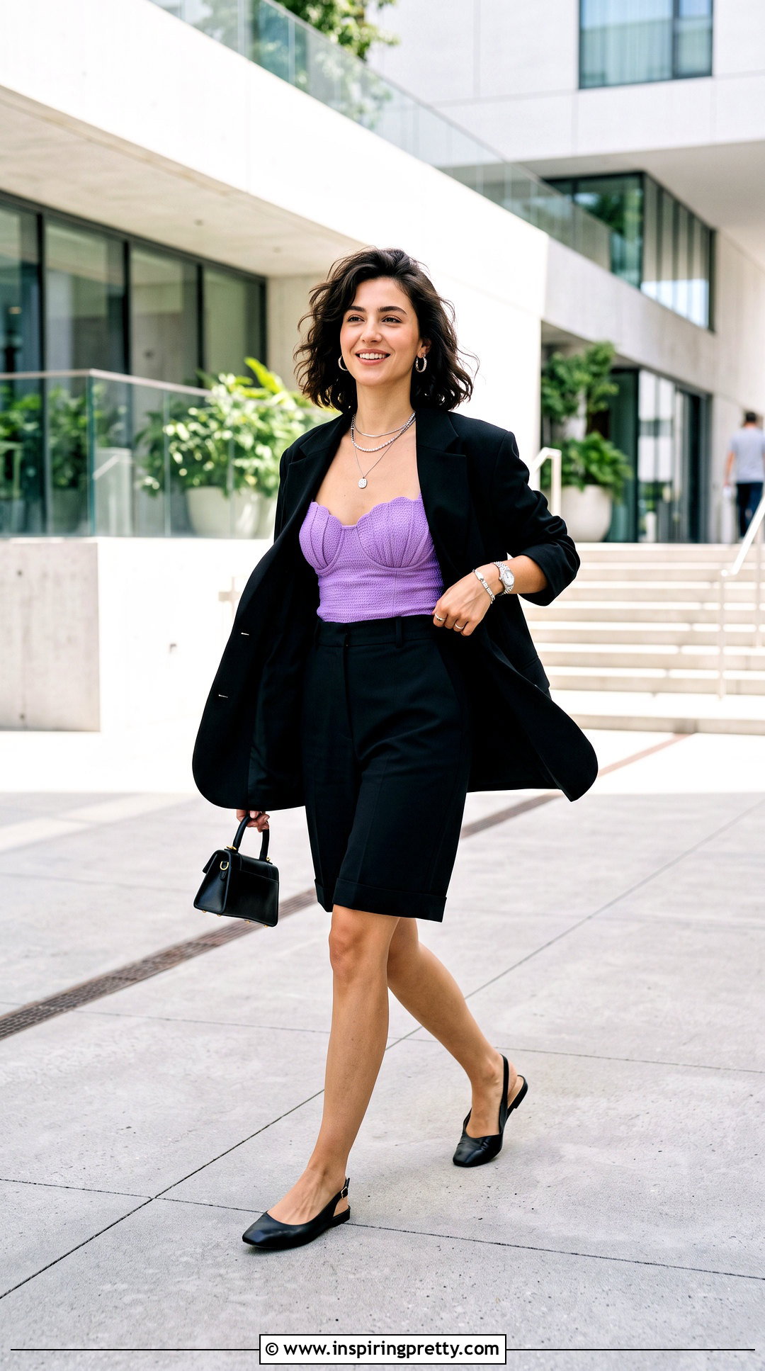 Purple Seashell Top With Black Tailored Shorts - 25 purple seashell top outfit ideas