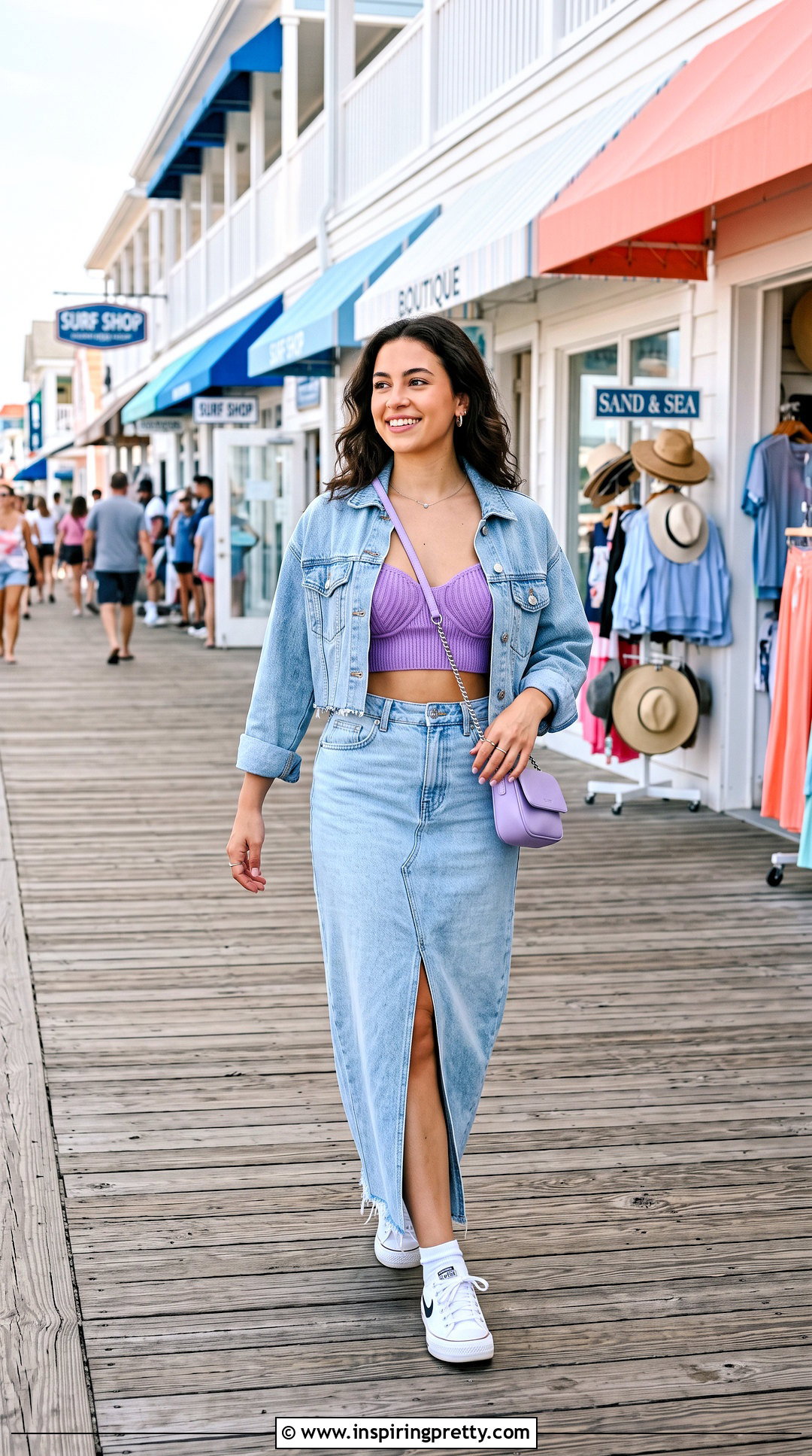 Purple Seashell Top With Denim Maxi Skirt - 25 purple seashell top outfit ideas