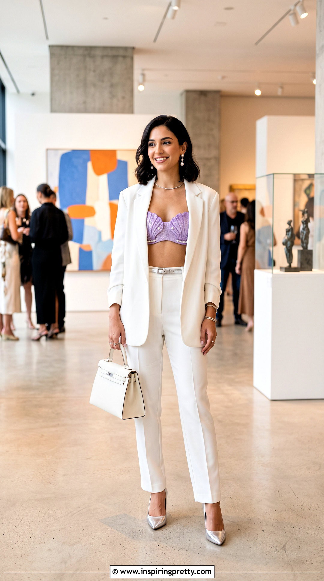 Purple Seashell Top With White Suit - 25 purple seashell top outfit ideas