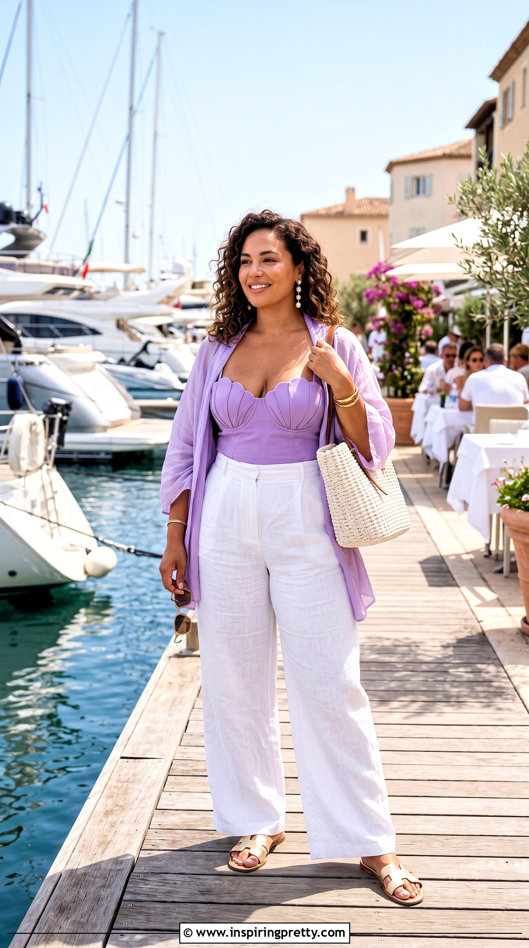 Purple Seashell Top With White Wide Leg Pants - 25 purple seashell top outfit ideas