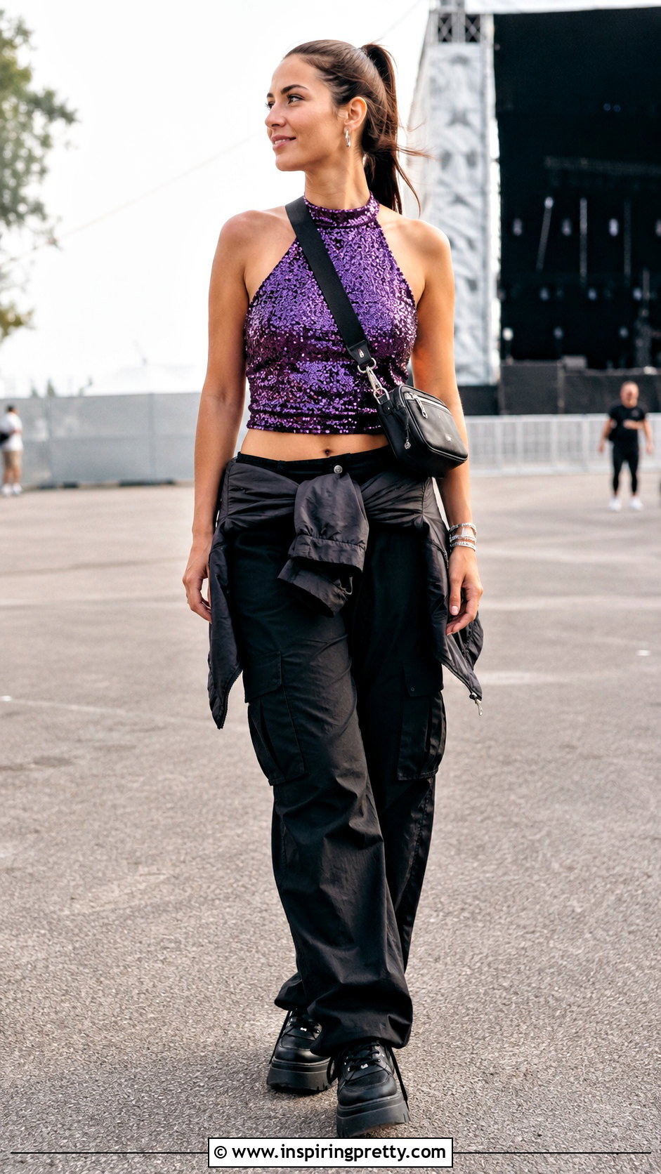 Purple Sequin Halter Top With Black Cargo Pants - 25 Purple Sequin Halter Top outfit ideas