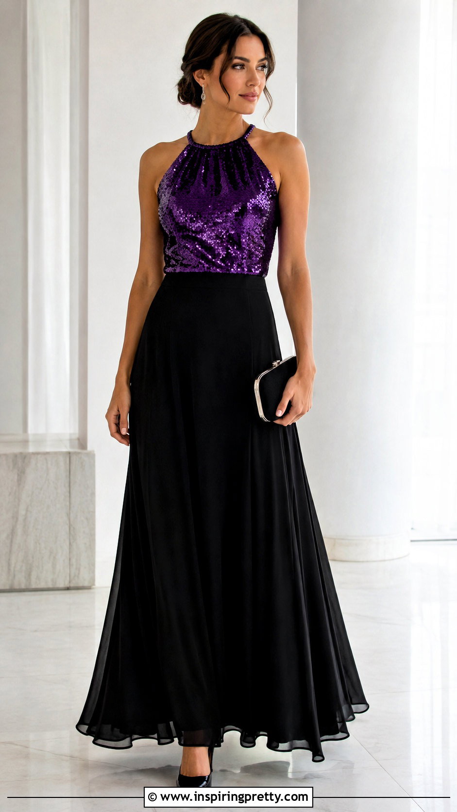 Purple Sequin Halter Top With Black Maxi Skirt - 25 Purple Sequin Halter Top outfit ideas