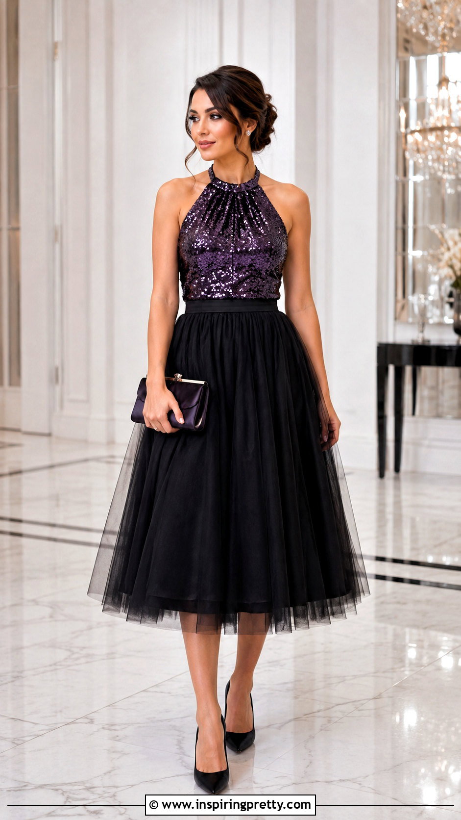 Purple Sequin Halter Top With Black Tulle Skirt - 25 Purple Sequin Halter Top outfit ideas