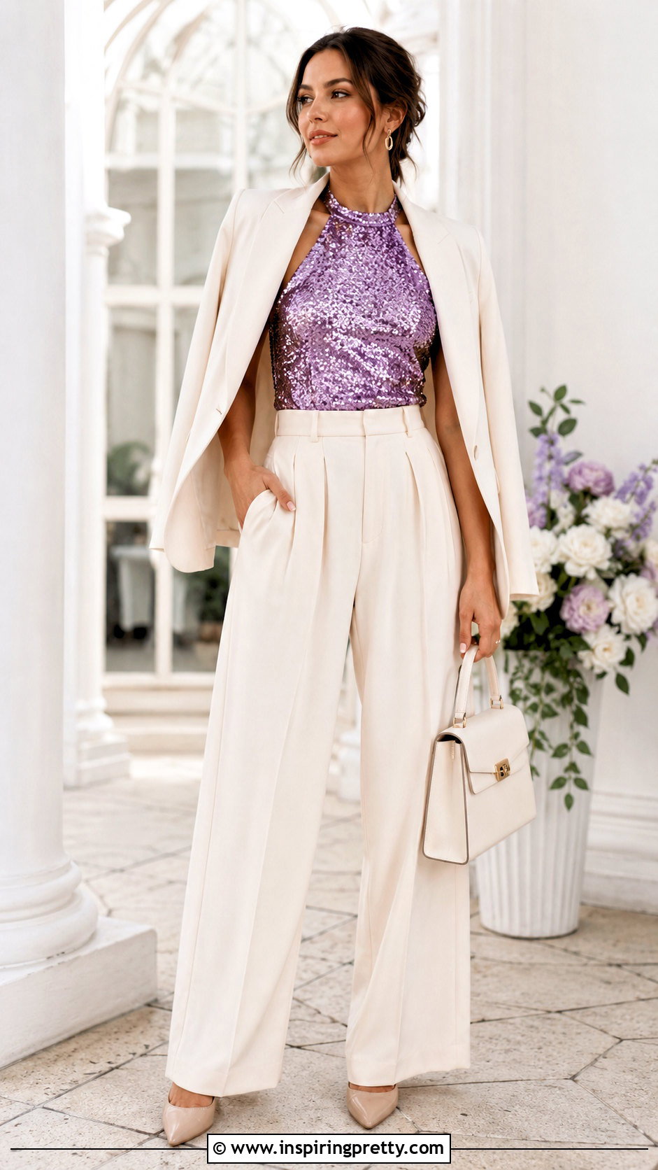Purple Sequin Halter Top With Cream Tailored Trousers - 25 Purple Sequin Halter Top outfit ideas