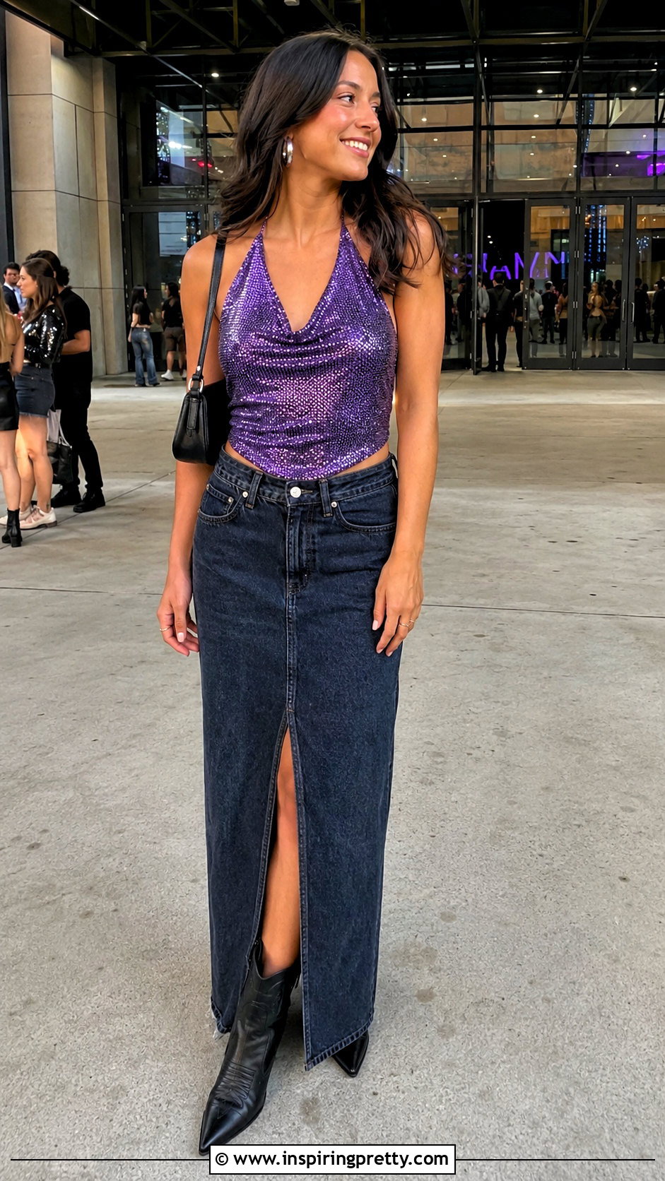 Purple Sequin Halter Top With Denim Maxi Skirt - 25 Purple Sequin Halter Top outfit ideas