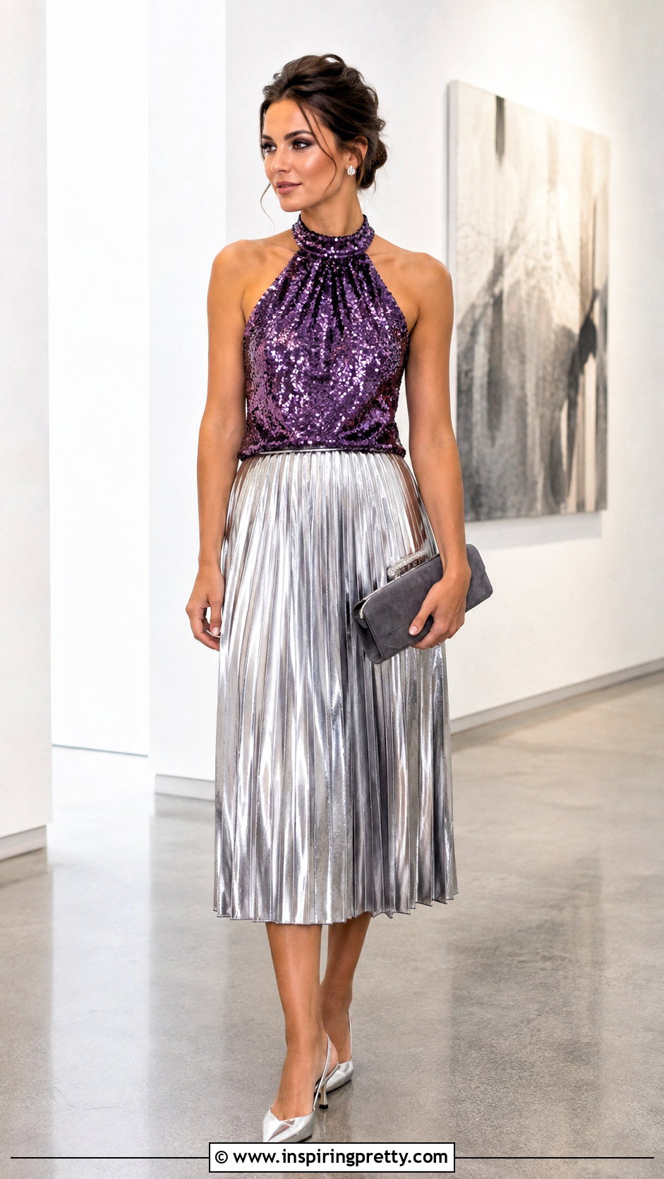Purple Sequin Halter Top With Silver Metallic Skirt - 25 Purple Sequin Halter Top outfit ideas