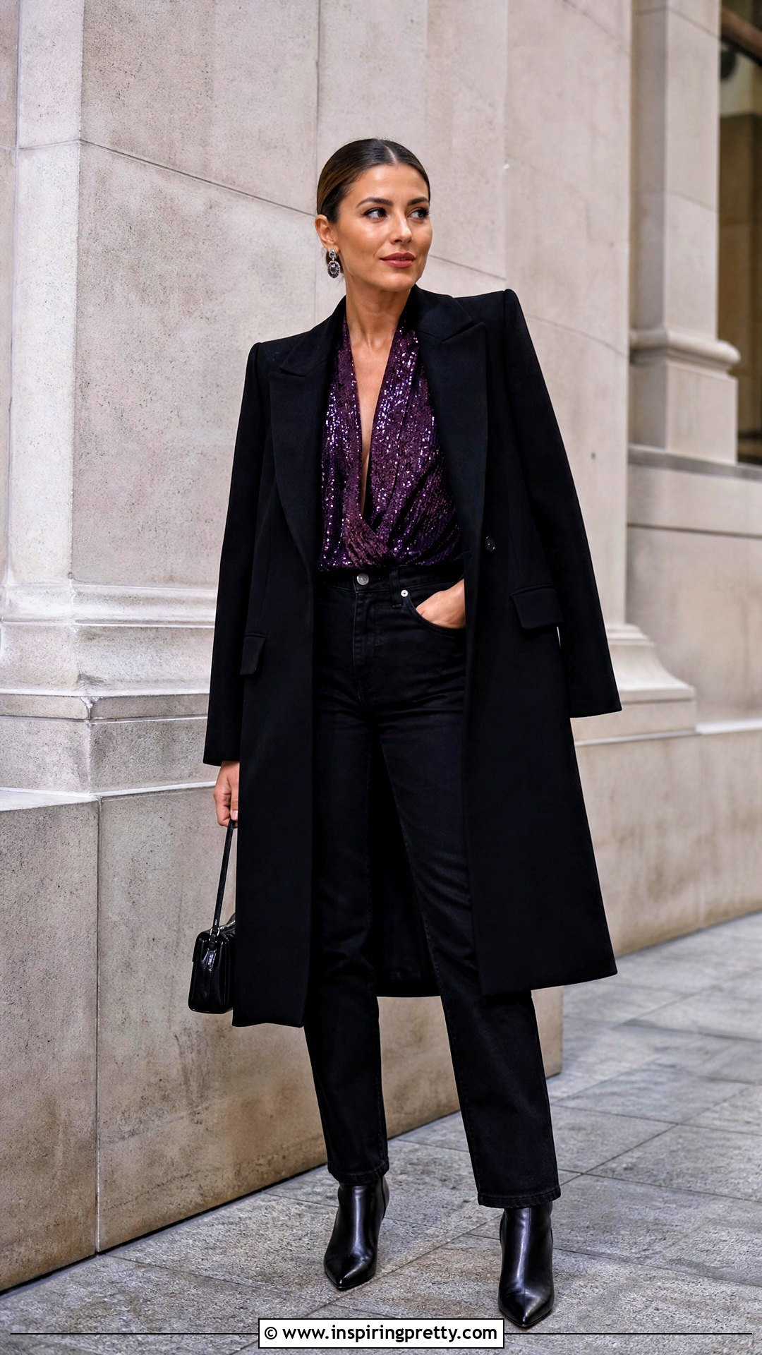 Purple Sequin Top With Black Jeans - 50 Sequin Top outfit ideas