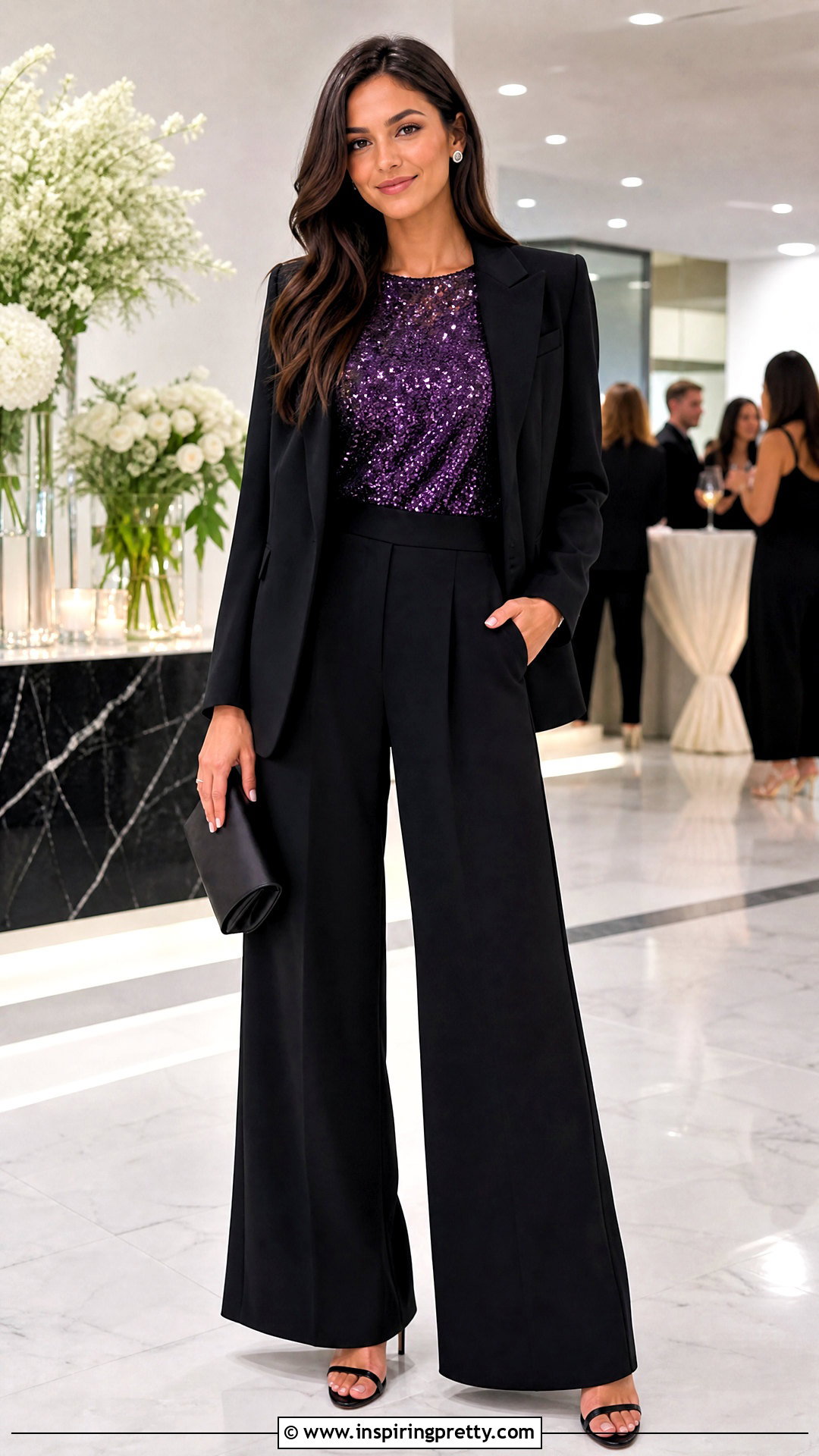 Purple Sequin Top With Black Palazzo Pants - 50 Purple Top Outfit ideas