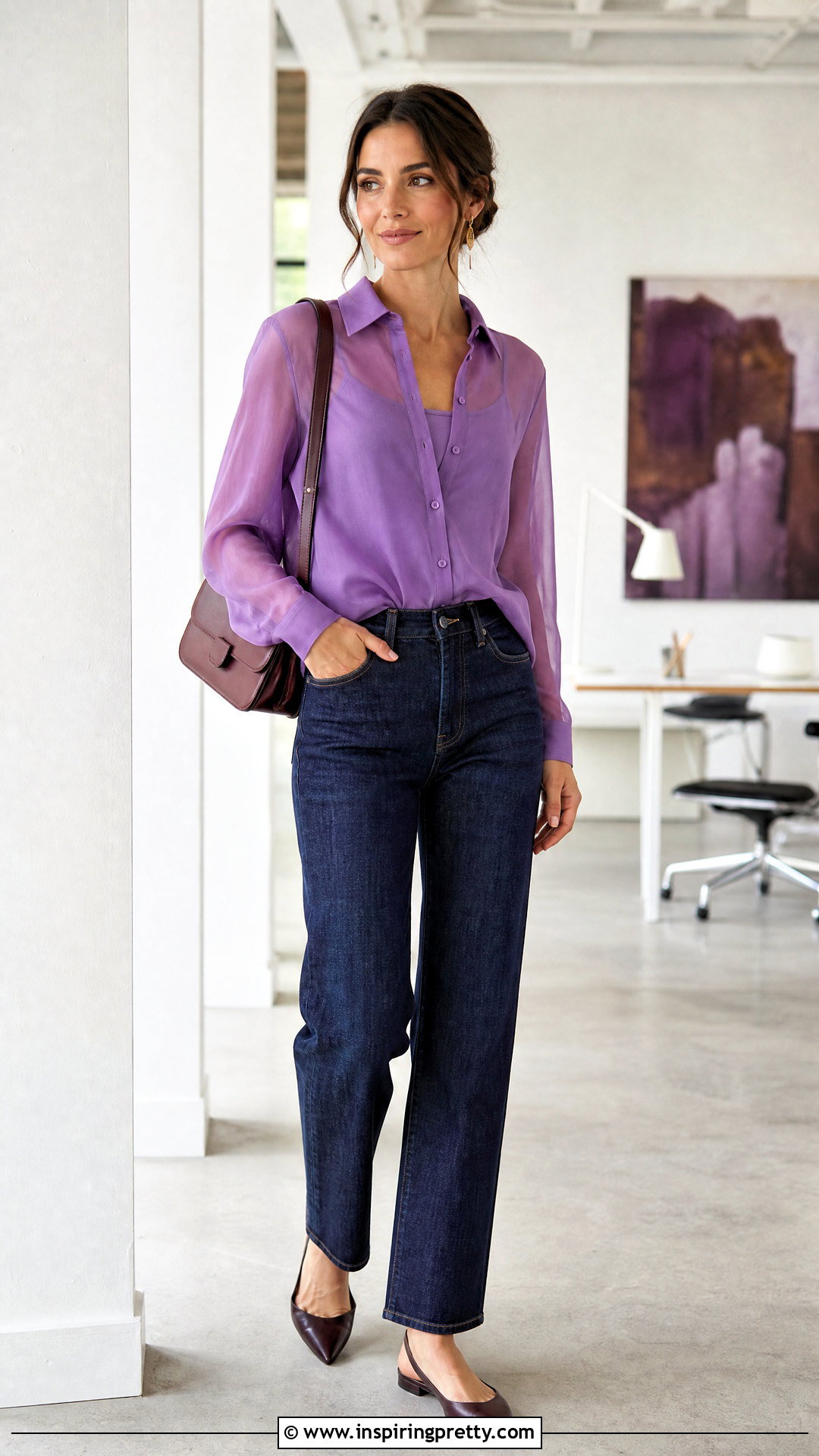Purple Sheer Blouse With Jeans - 50 Purple Top Outfit ideas