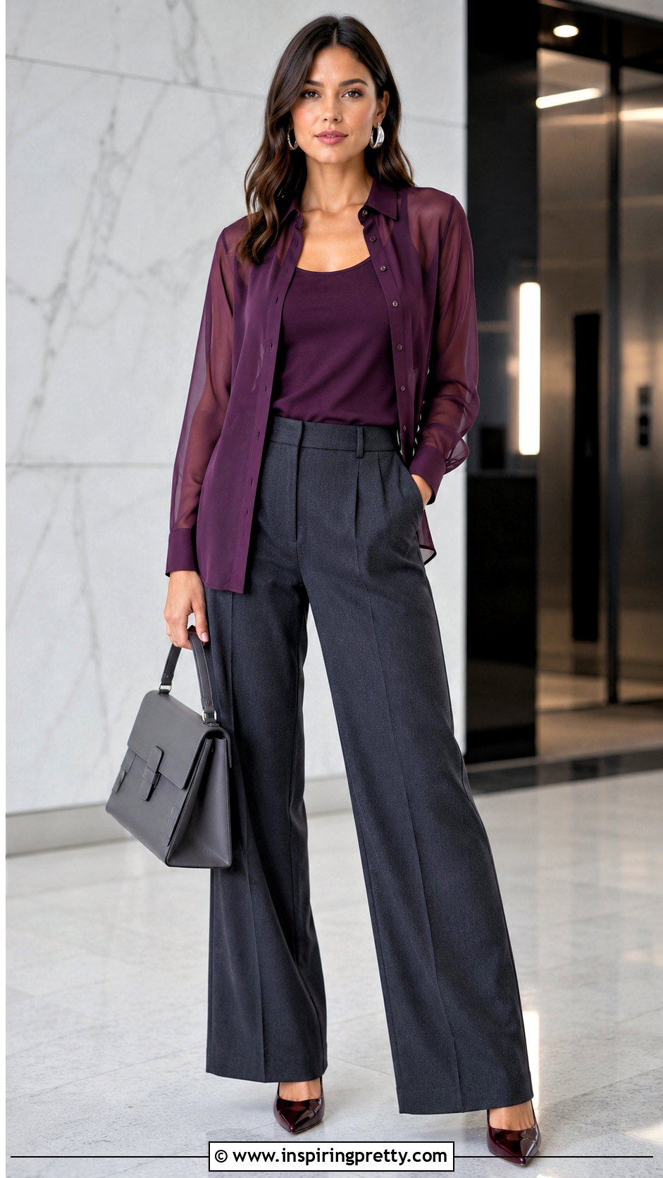 Purple Sheer Long Sleeve Top With Gray Trousers - 50 sheer long sleeve top outfit ideas