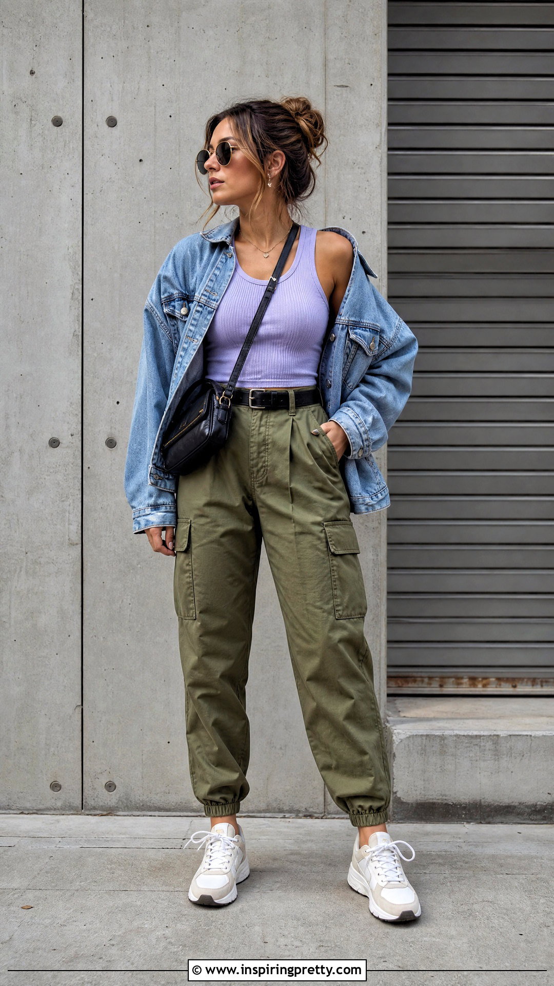 Purple Tank Top With Olive Cargo Pants - 50 purple tank top outfit ideas
