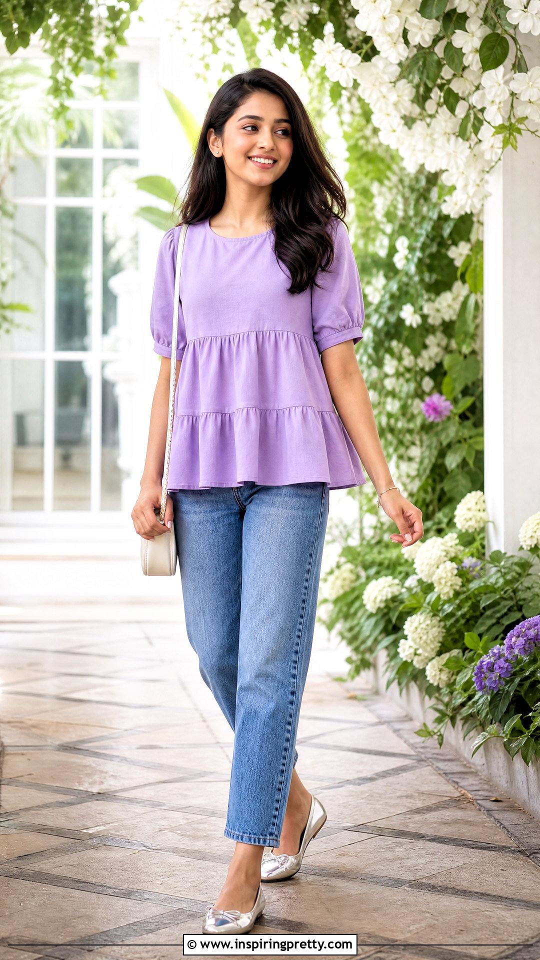 Purple Tiered Cotton Top With Ankle Jeans - 25 Girls Cotton Top Design For Jeans