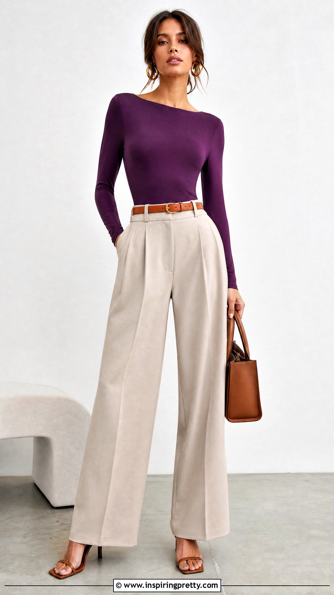 Purple Top With Beige Wide Leg Pants - 50 purple tops outfit ideas