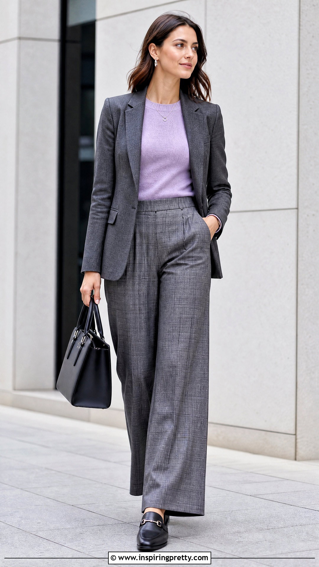 Purple Top With Checkered Trousers - 50 purple tops outfit ideas