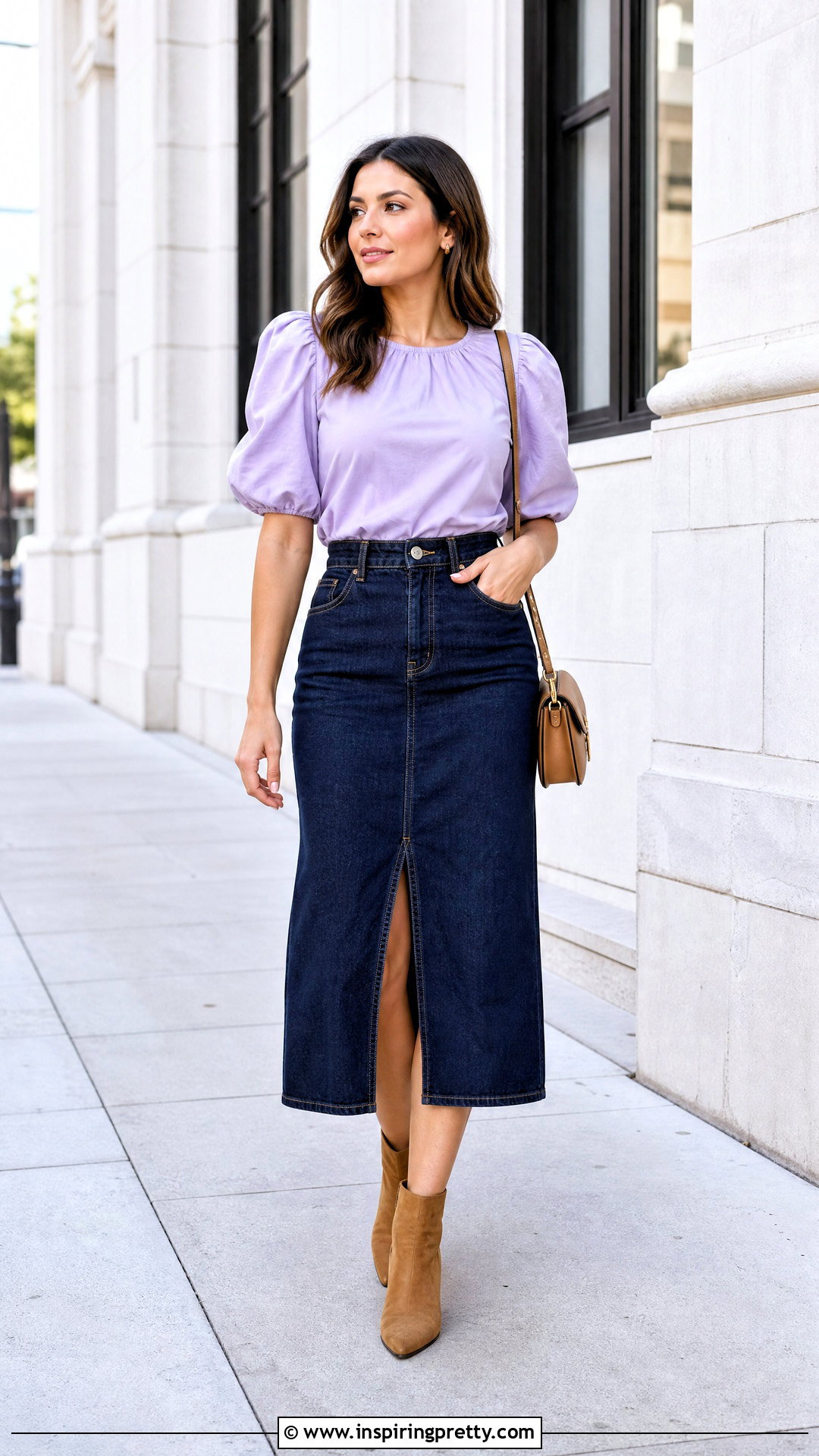 Purple Top With Denim Midi Skirt - 50 Purple Top Outfit ideas