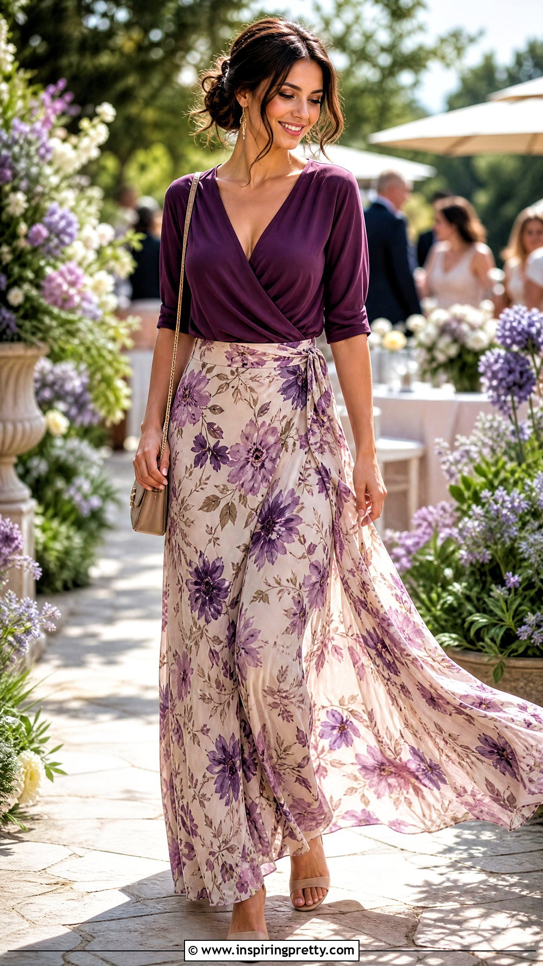 Purple Top With Floral Maxi Skirt - 50 Purple Top Outfit ideas
