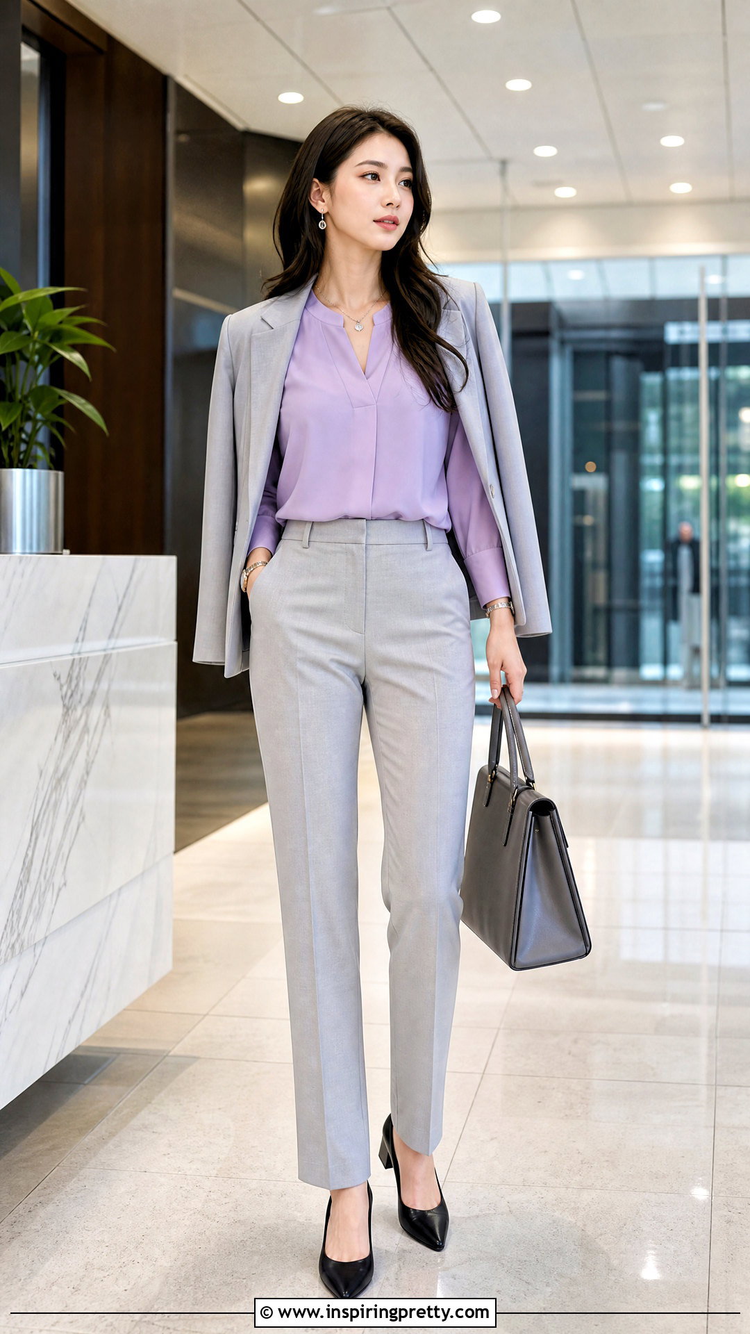 Purple Top With Gray Trousers - 50 purple tops outfit ideas