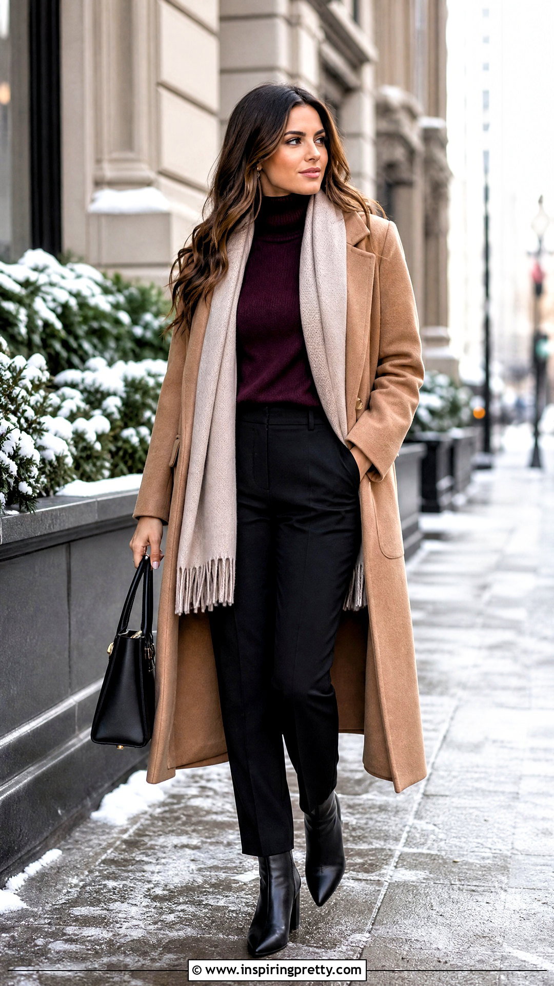 Purple Top With Long Coat And Boots - 50 purple tops outfit ideas