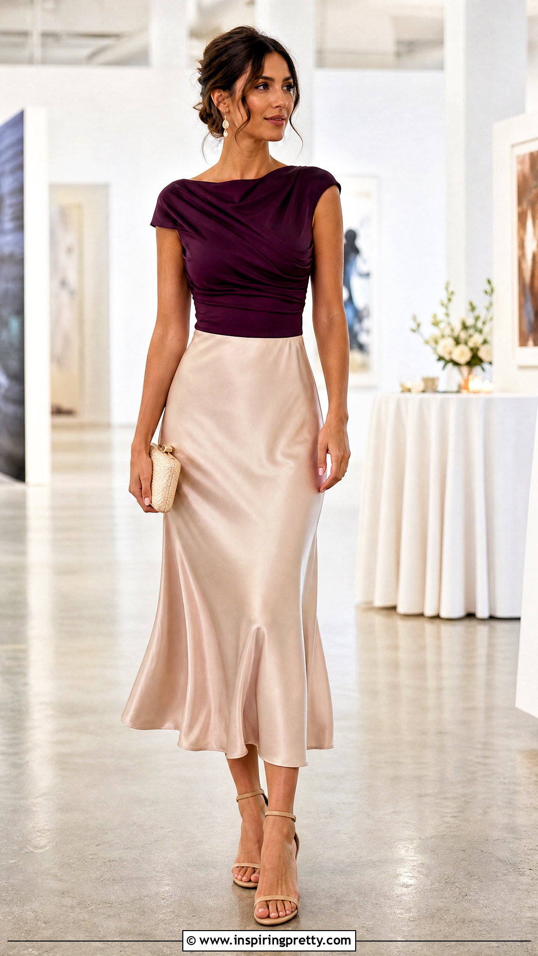 Purple Top With Satin Midi Skirt - 50 purple tops outfit ideas