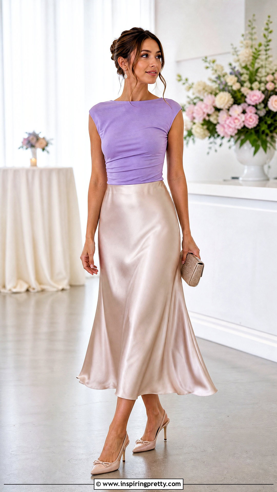 Purple Top With Satin Midi Skirt - 50 Purple Top Outfit ideas