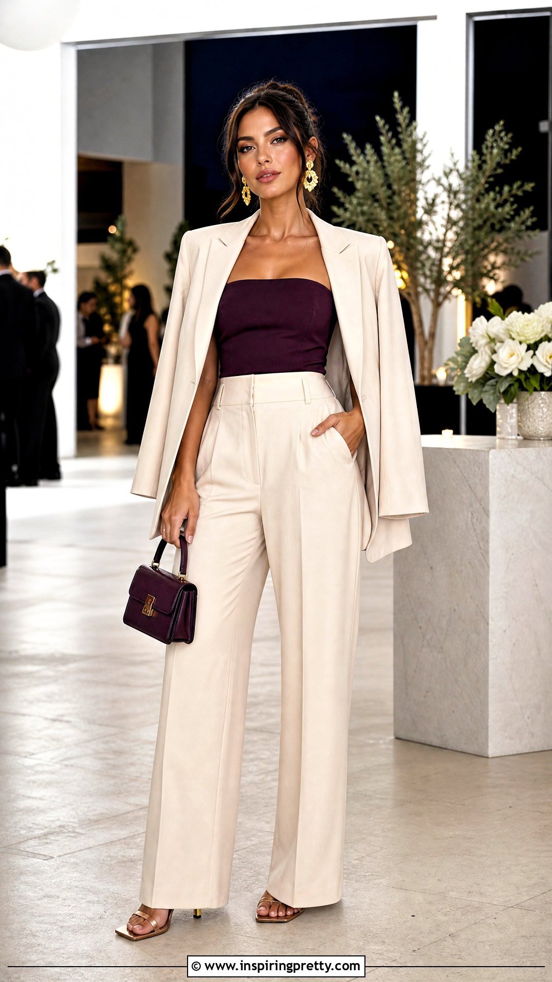Purple Tube Top With Tailored Pants - 50 Purple Top Outfit ideas