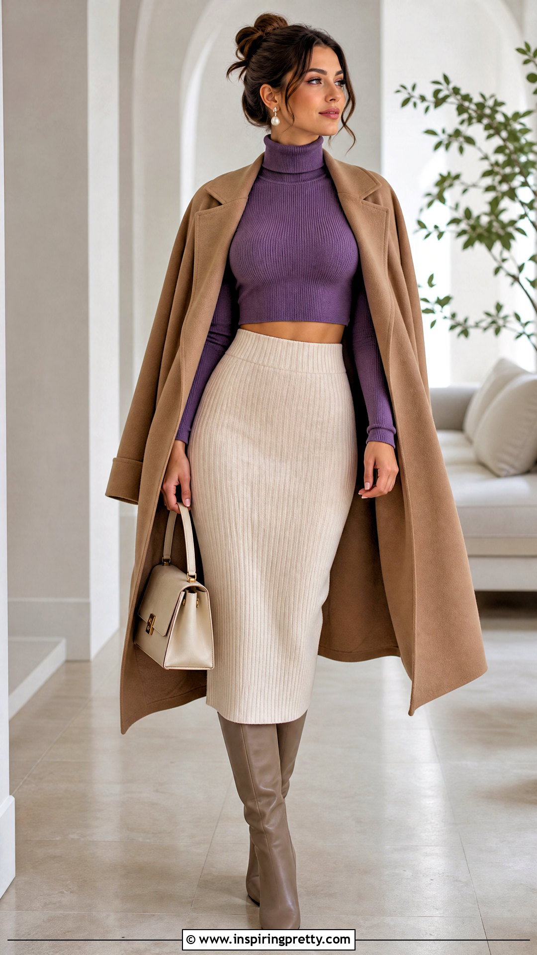Purple Turtleneck Crop Top With A Cream Knit Skirt - 20 Purple Turtleneck Crop Top outfit ideas