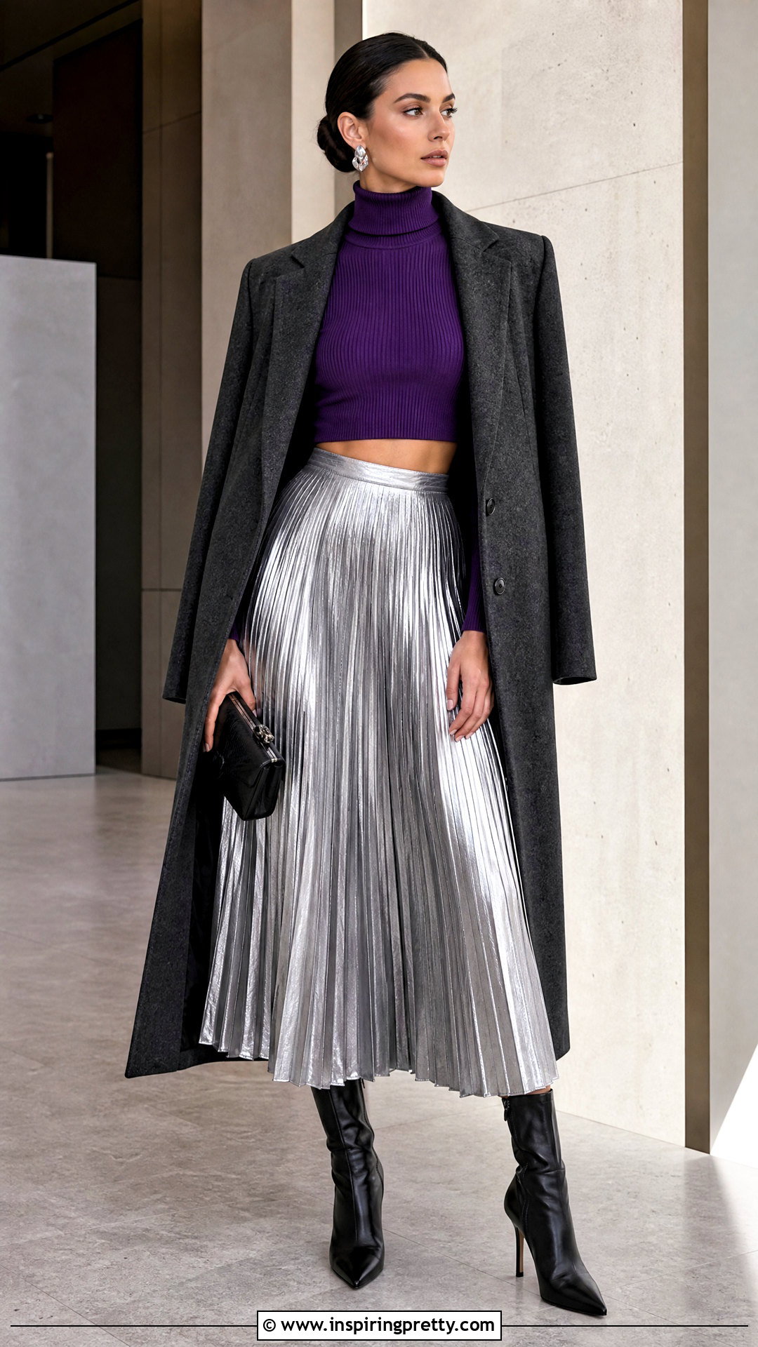 Purple Turtleneck Crop Top With A Silver Metallic Skirt - 20 Purple Turtleneck Crop Top outfit ideas