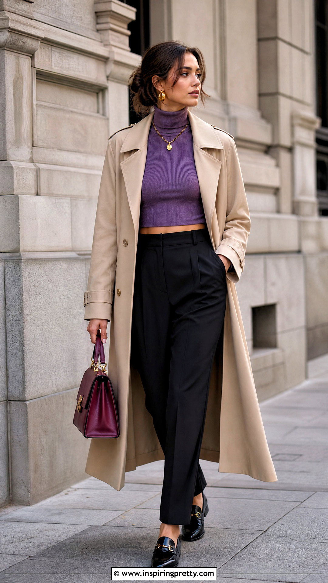 Purple Turtleneck Crop Top With A Trench Coat - 20 Purple Turtleneck Crop Top outfit ideas