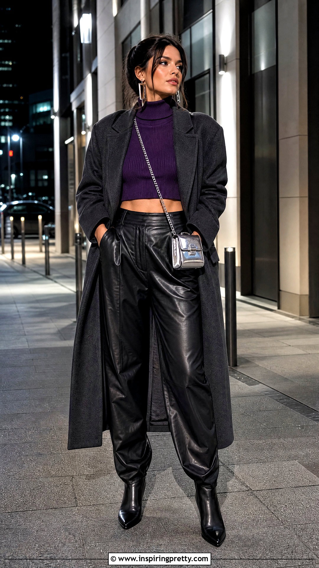 Purple Turtleneck Crop Top With Faux Leather Pants - 20 Purple Turtleneck Crop Top outfit ideas