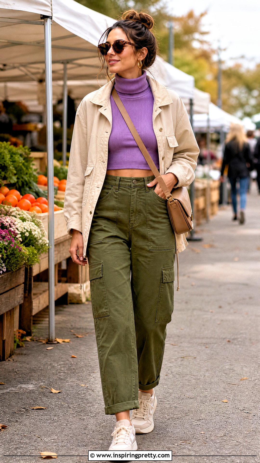 Purple Turtleneck Crop Top With Olive Cargo Pants - 20 Purple Turtleneck Crop Top outfit ideas