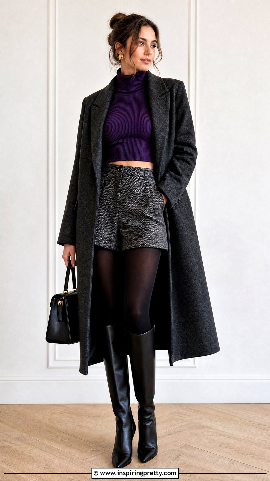 Purple Turtleneck Crop Top With Tailored Shorts And Tights - 20 Purple Turtleneck Crop Top outfit ideas