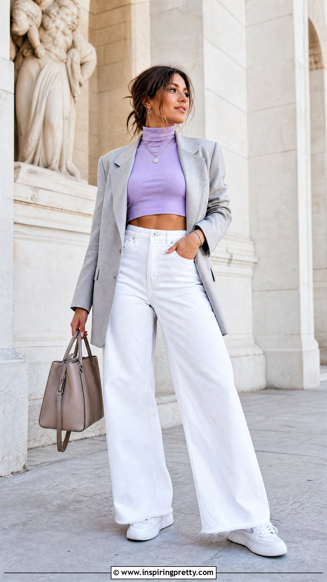 Purple Turtleneck Crop Top With White Wide Leg Jeans - 20 Purple Turtleneck Crop Top outfit ideas