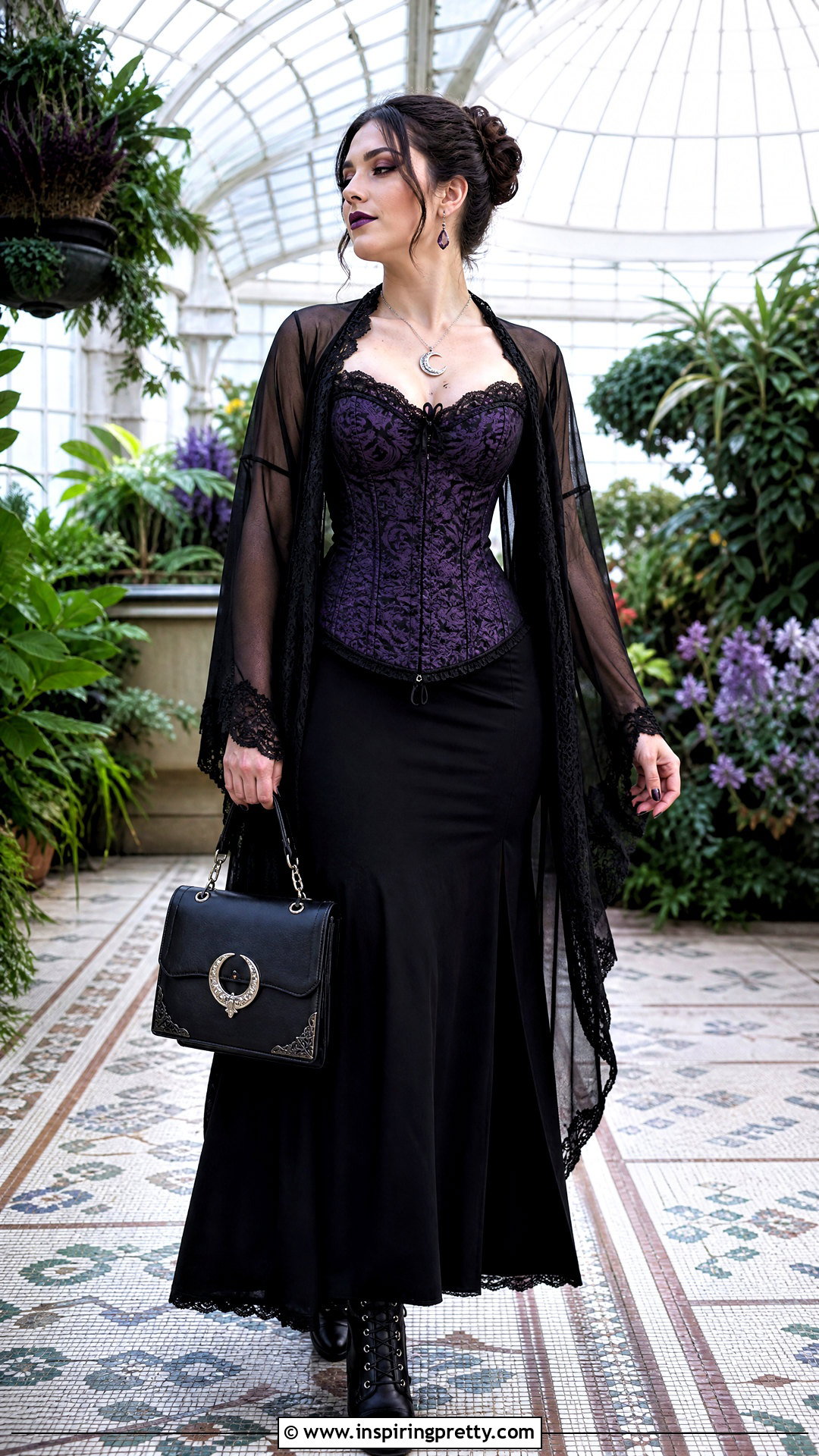 Purple Vampire Corset Top With Black Maxi Skirt - 25 Vampire Corset Top outfit ideas