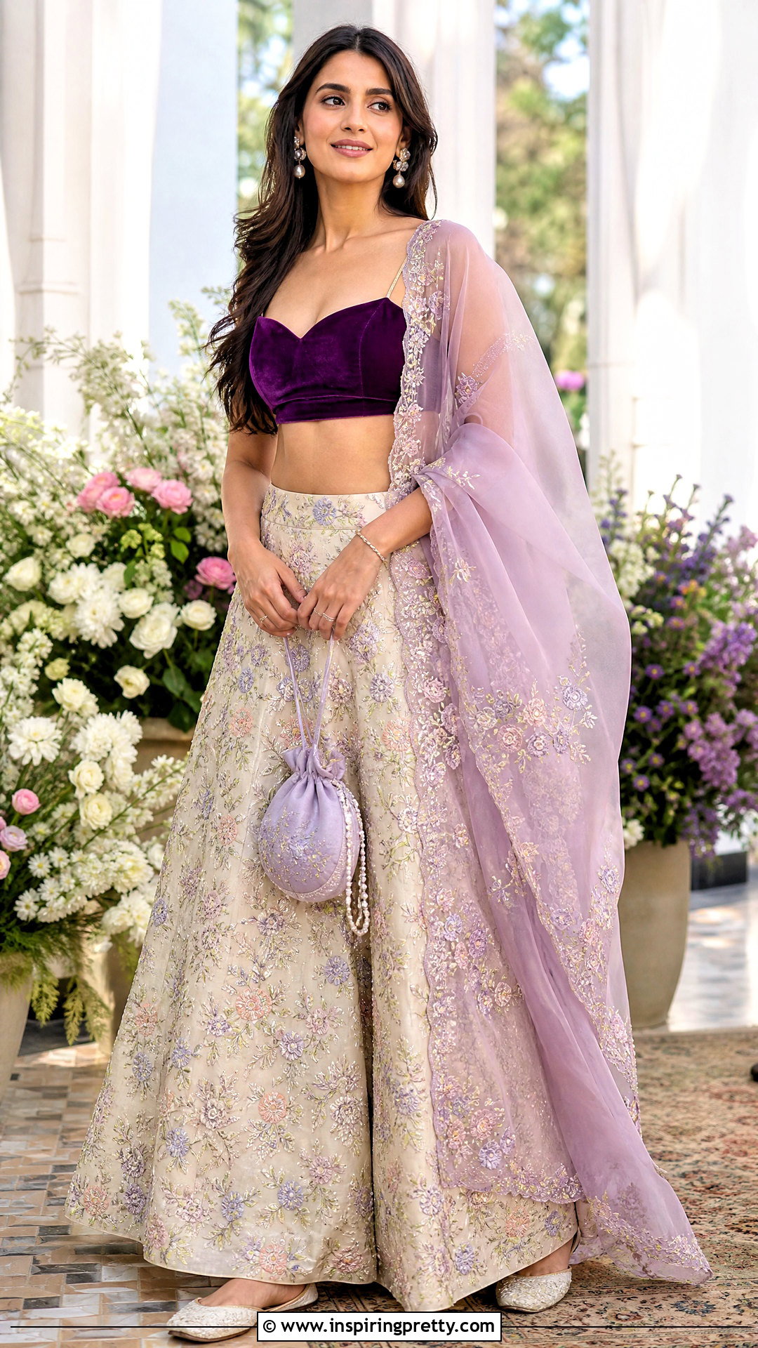 Purple Velvet Crop Top With Floral Lehenga - 50 velvet crop top designs for lehengas