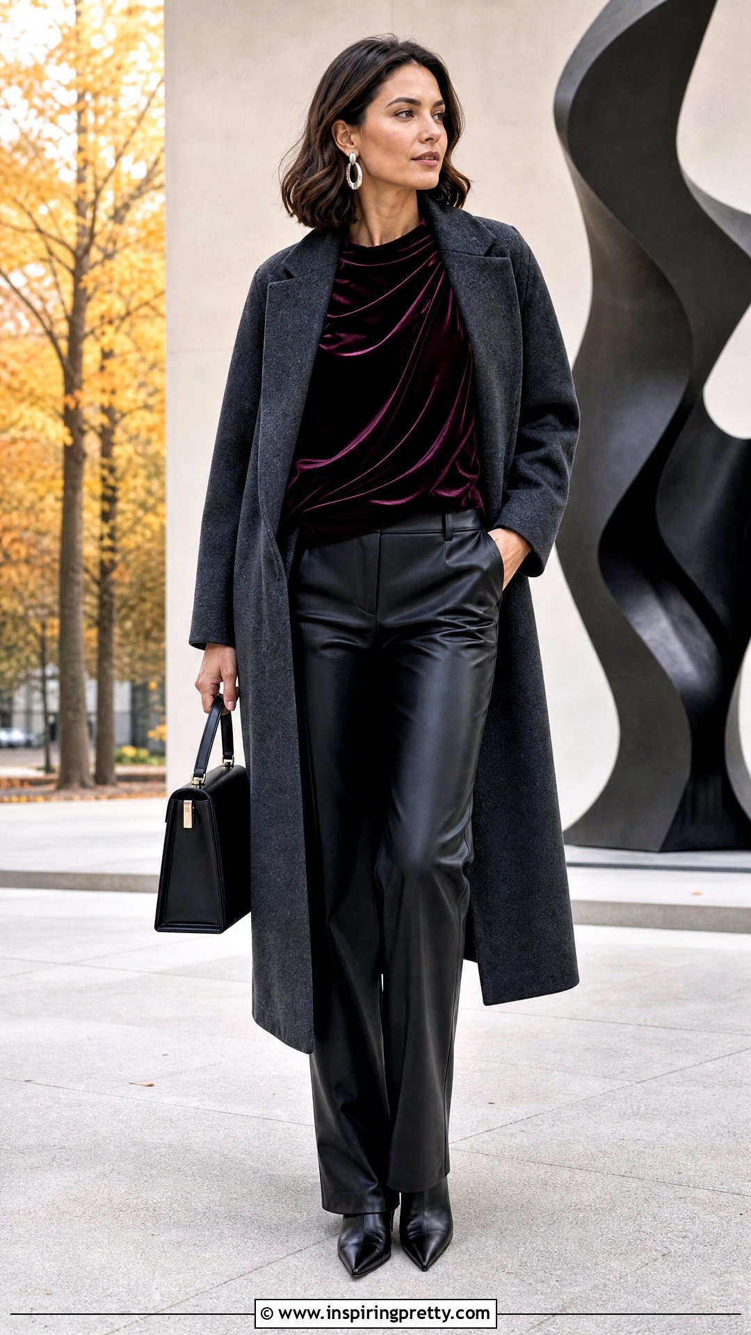 Purple Velvet Top With Faux Leather Pants - 20 velvet top autumn fashion ideas