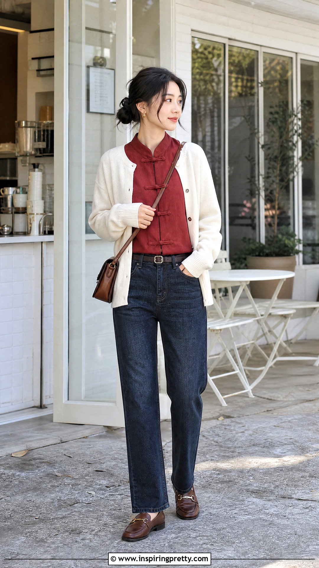 Qipao Collar Top With Cardigan And Jeans - 20 Qipao Collar Top outfit ideas