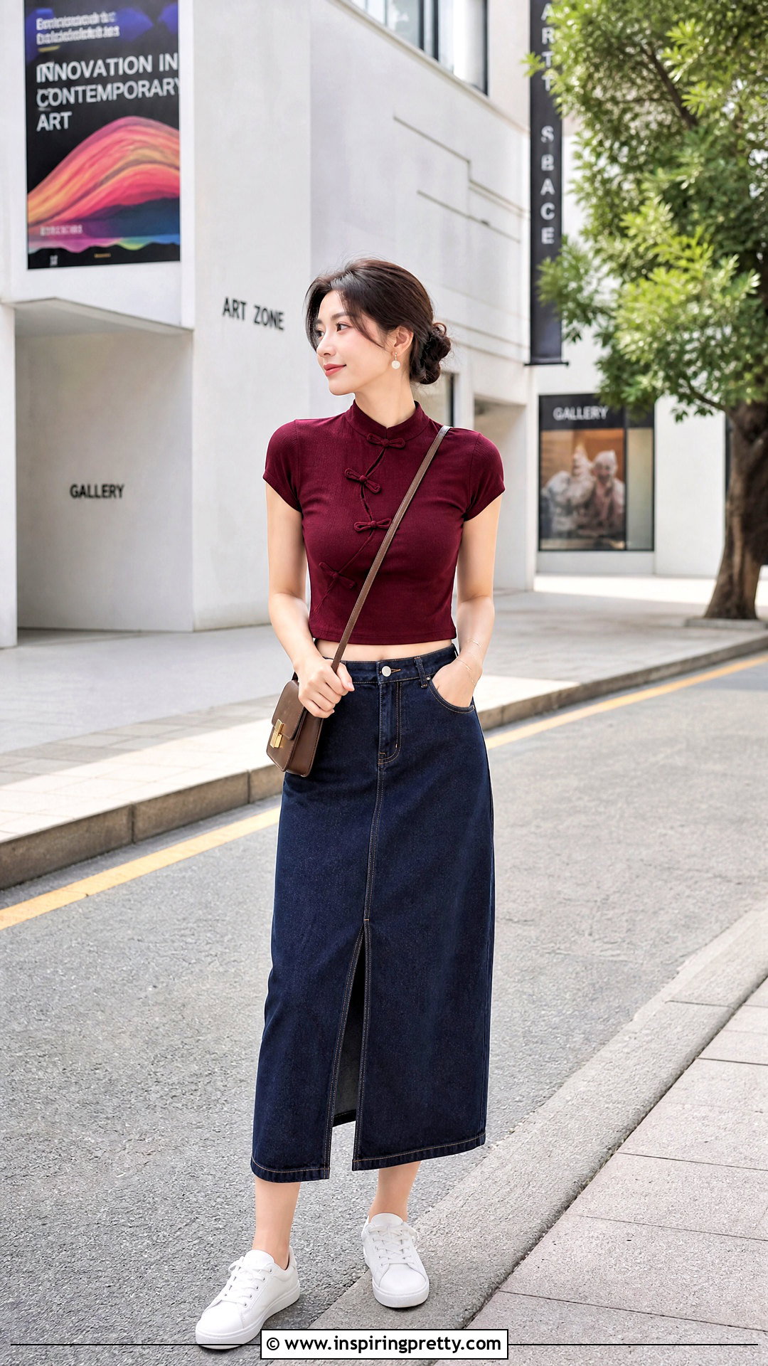 Qipao Collar Top With Denim Midi Skirt - 20 Qipao Collar Top outfit ideas