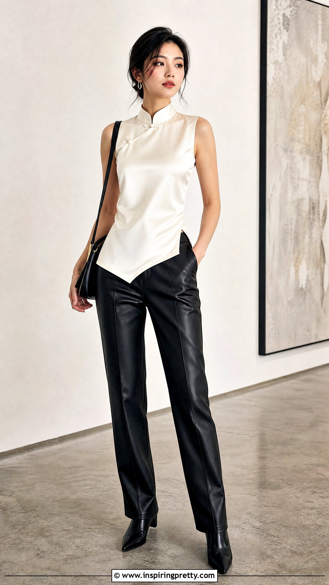 Qipao Collar Top With Faux Leather Pants - 20 Qipao Collar Top outfit ideas