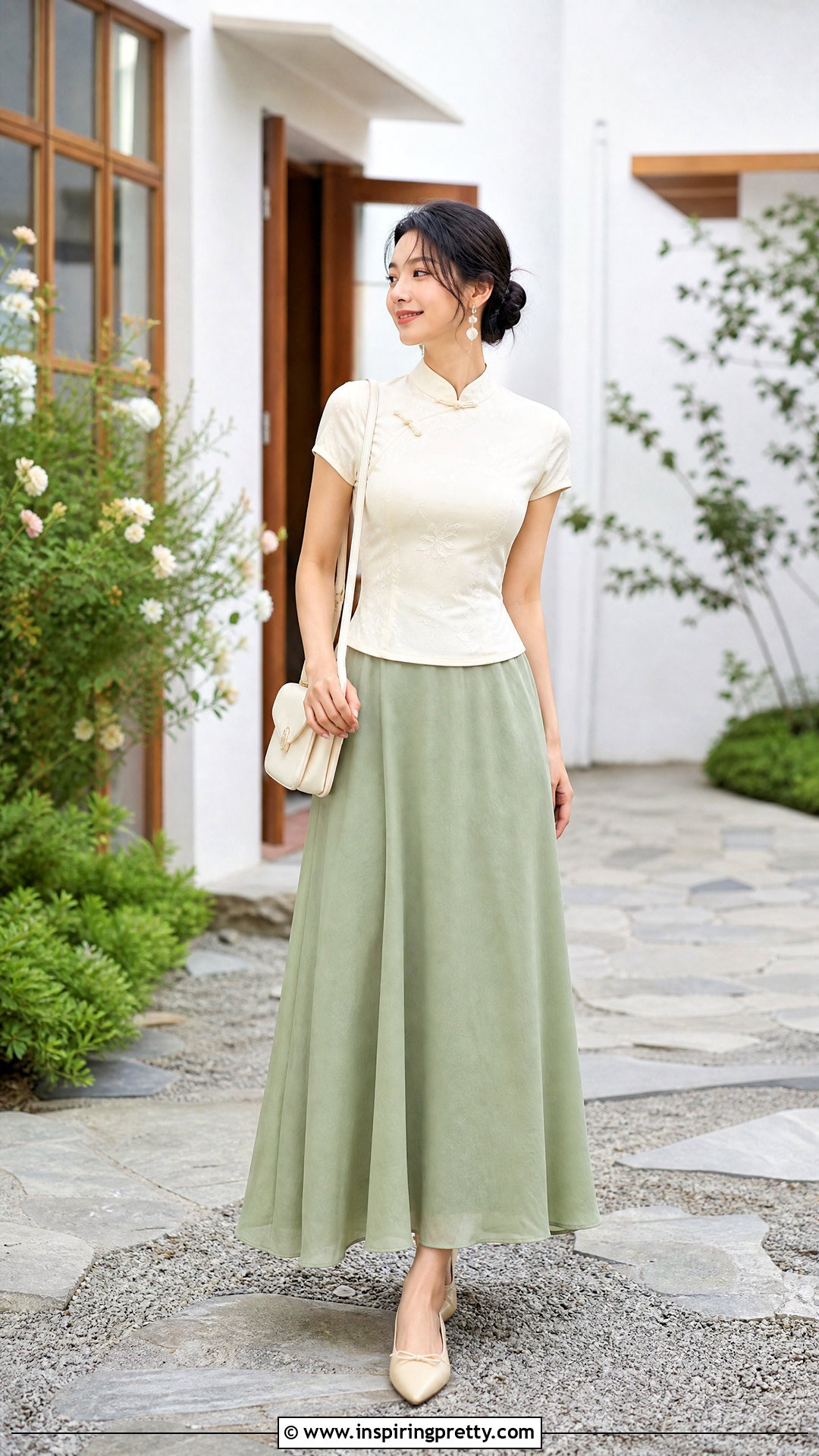 Qipao Collar Top With Flowy Maxi Skirt - 20 Qipao Collar Top outfit ideas
