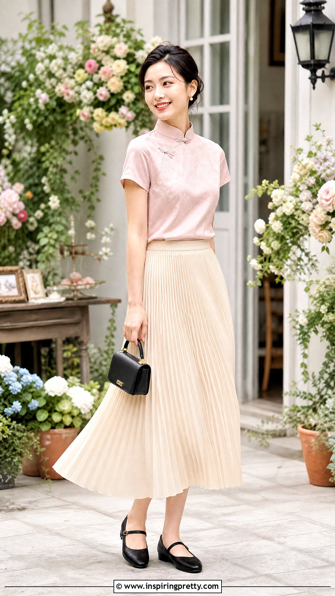 Qipao Collar Top With Pleated Midi Skirt - 20 Qipao Collar Top outfit ideas