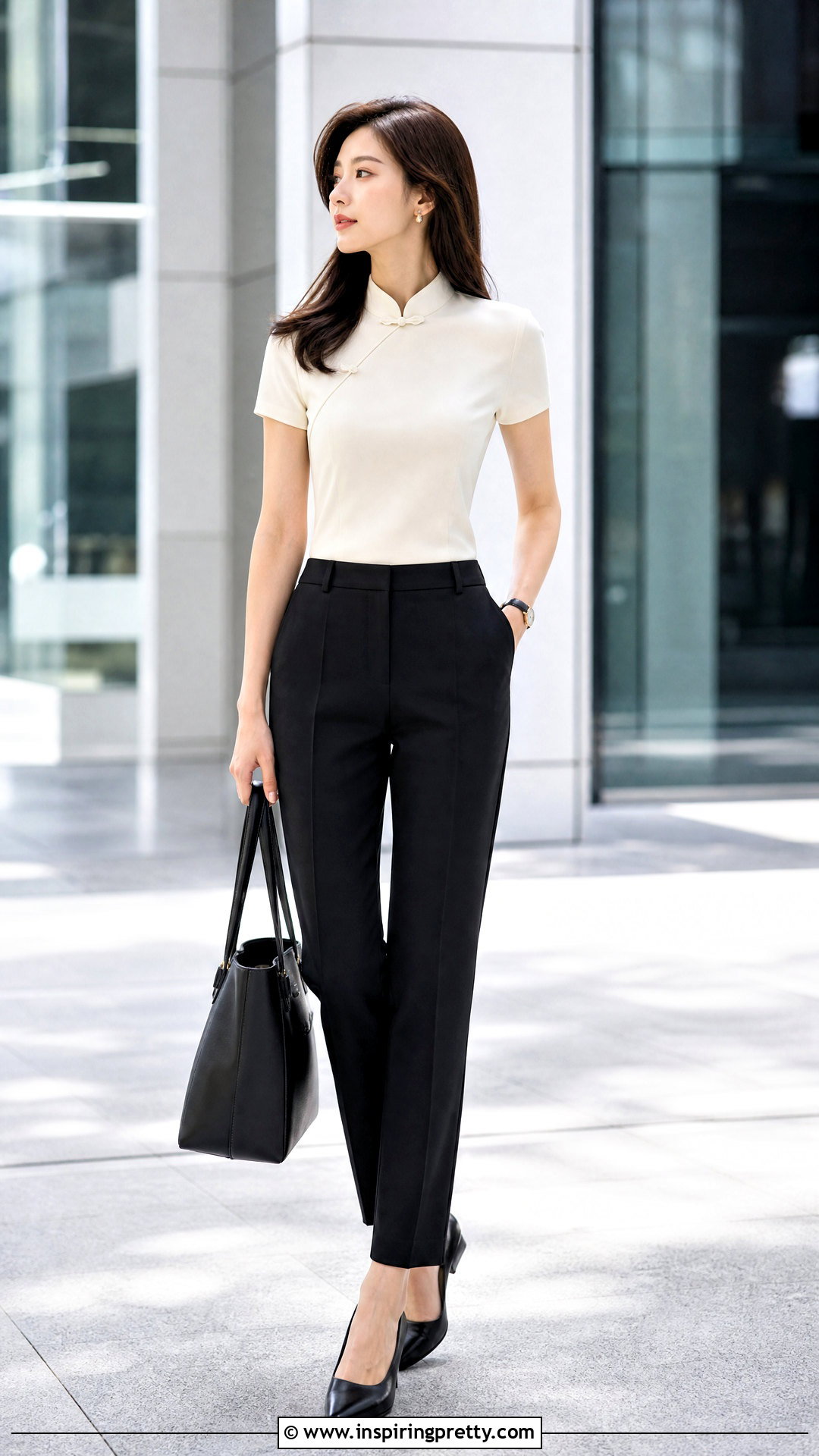 Qipao Collar Top With Tailored Black Pants - 20 Qipao Collar Top outfit ideas