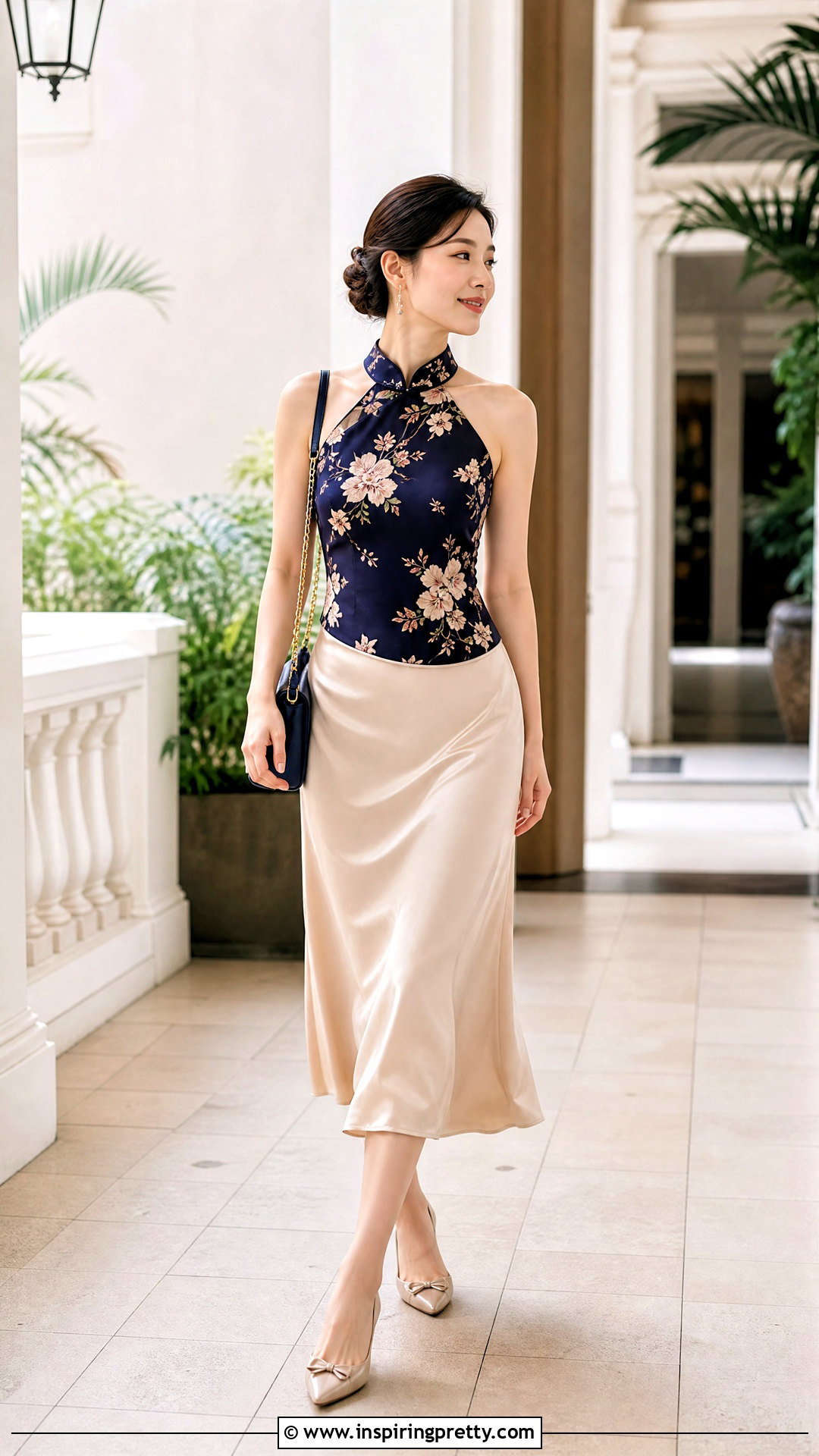 Qipao Halter Top With Bias Cut Midi Skirt - 25 qipao halter top outfit ideas