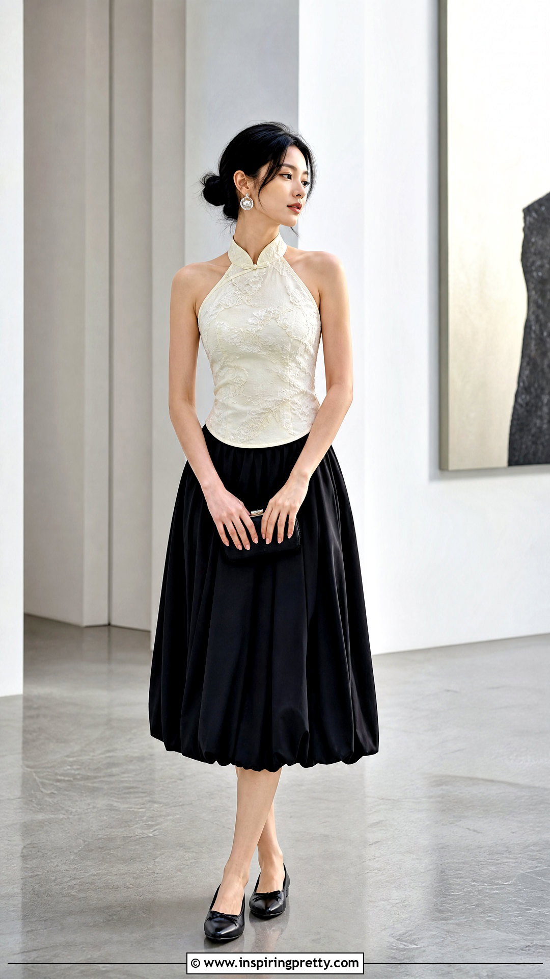 Qipao Halter Top With Bubble Midi Skirt - 25 qipao halter top outfit ideas
