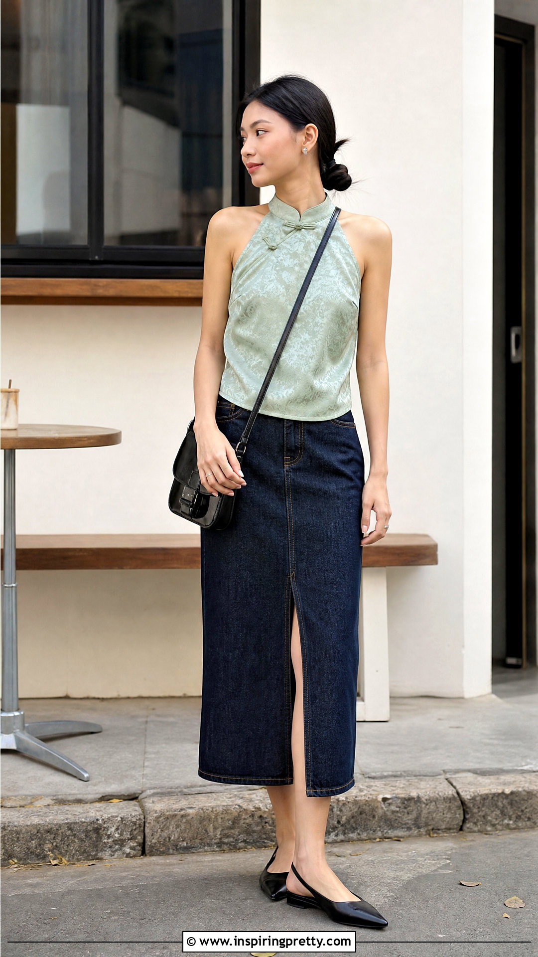 Qipao Halter Top With Denim Midi Skirt - 25 qipao halter top outfit ideas
