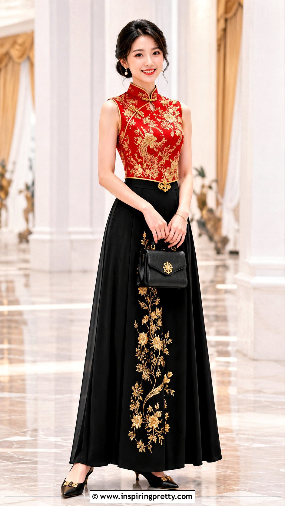 Qipao Top With Black Maxi Skirt - 50 qipao top outfit ideas