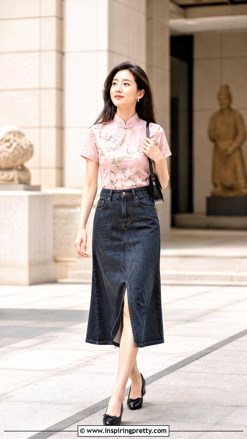 Qipao Top With Denim Midi Skirt - 50 qipao top outfit ideas