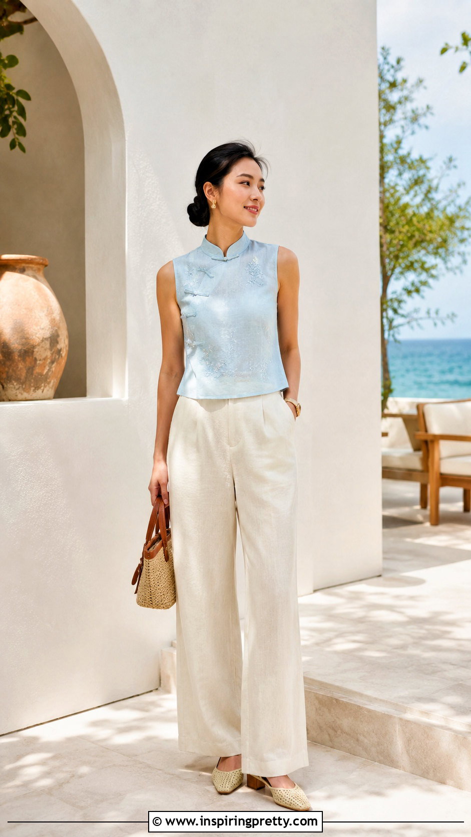 Qipao Top With Linen Trousers - 50 qipao top outfit ideas