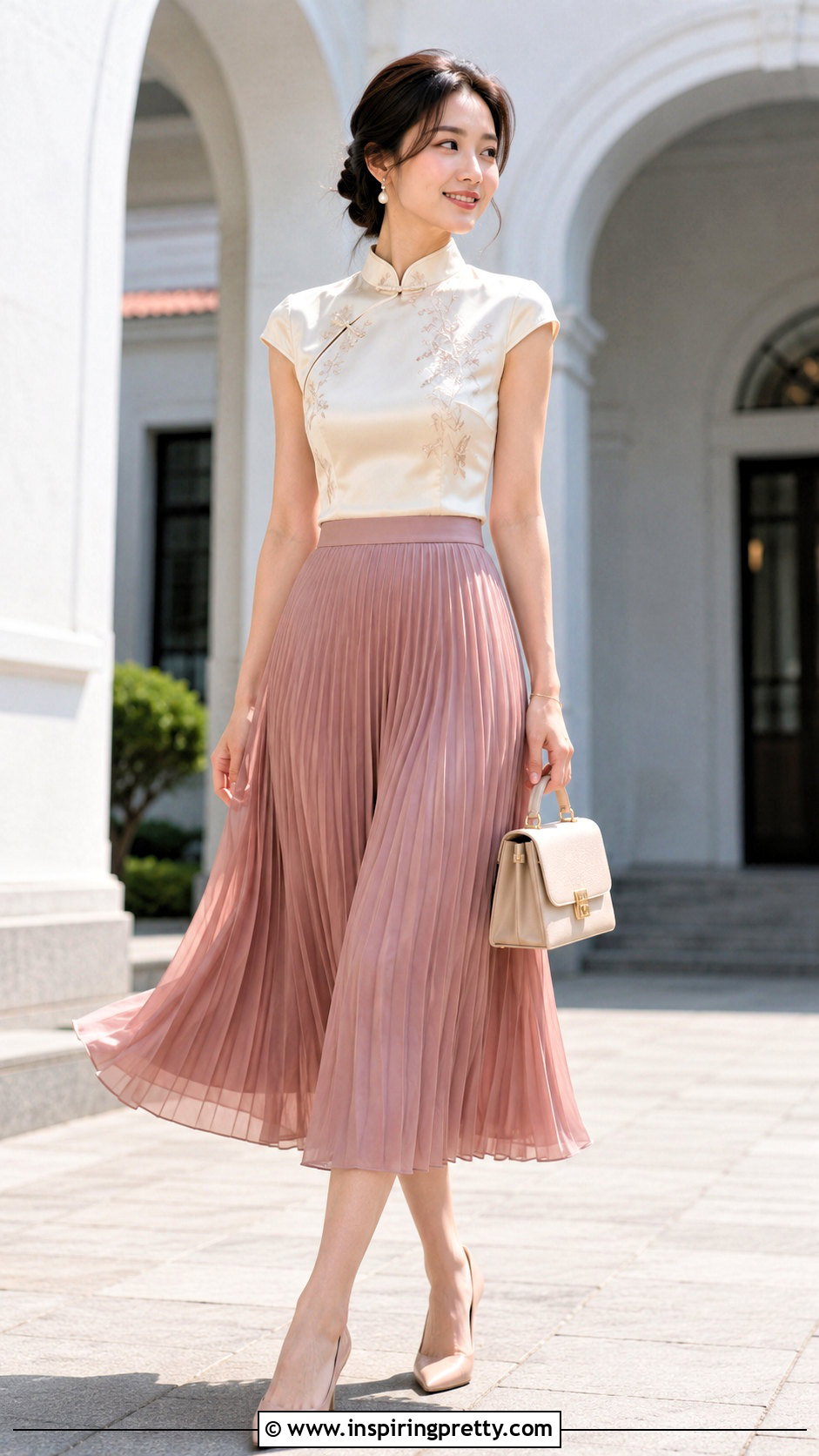 Qipao Top With Pleated Midi Skirt - 50 qipao top outfit ideas