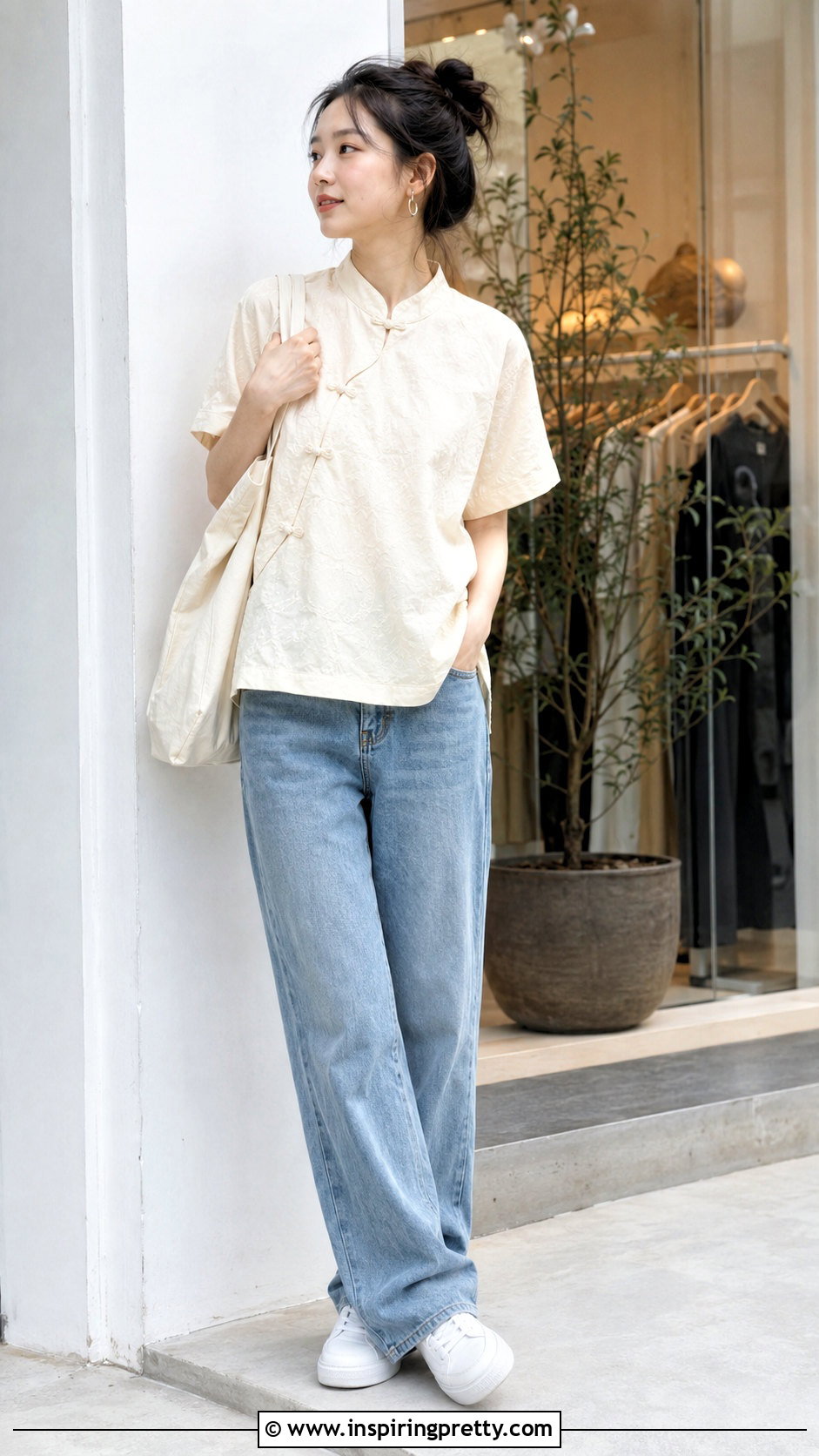Qipao Top With Relaxed Jeans And Sneakers - 50 qipao top outfit ideas