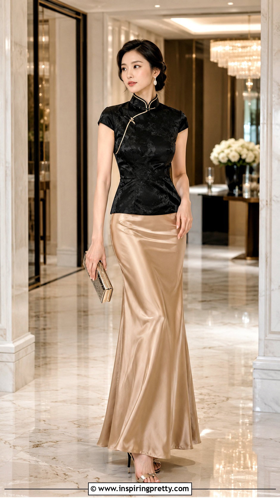 Qipao Top With Satin Maxi Skirt - 50 qipao top outfit ideas